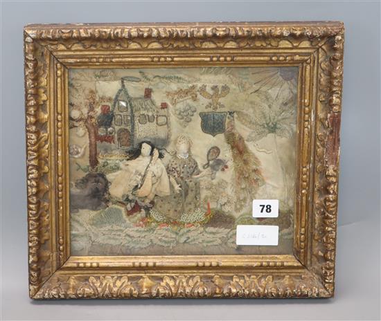 A 17th century and later stumpwork panel depicting figures in a landscape, framed